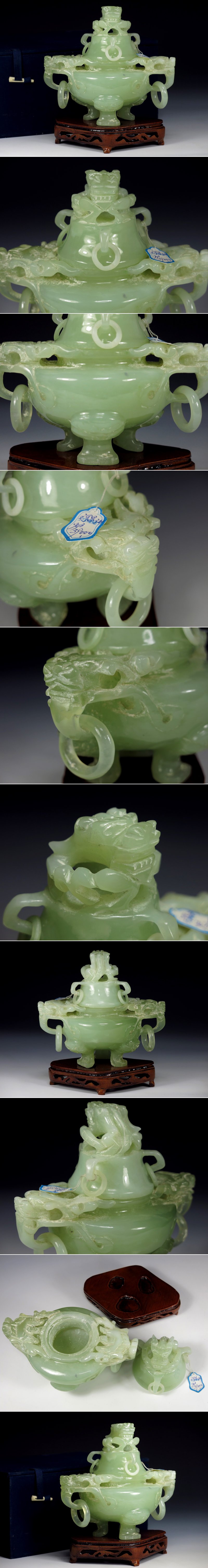 中国美術龍刻双耳遊環三足香炉玉製玉石置物唐物台・箱付896-其他
